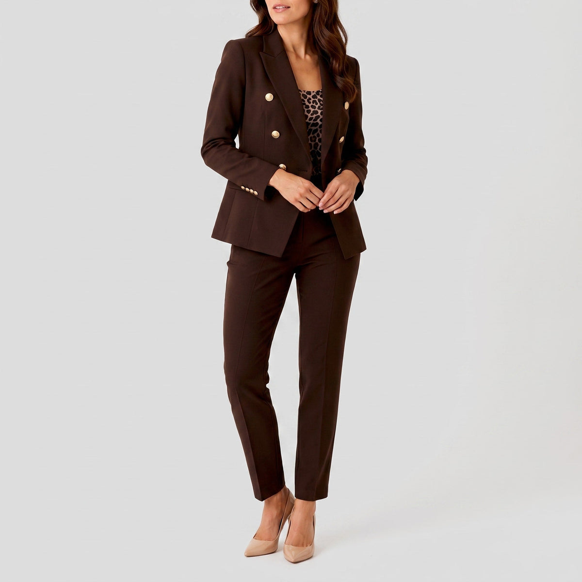 Klara - Women's Double-Breasted Blazer Trouser Set - Outfit Sets - Brown - Parker&Brooks