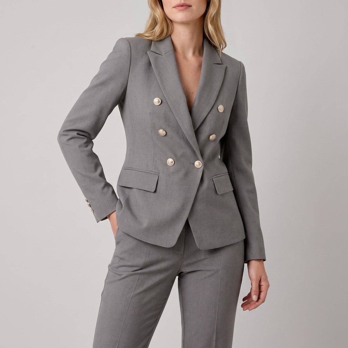Klara - Women's Double-Breasted Blazer Trouser Set - Outfit Sets - Grey - Parker&Brooks