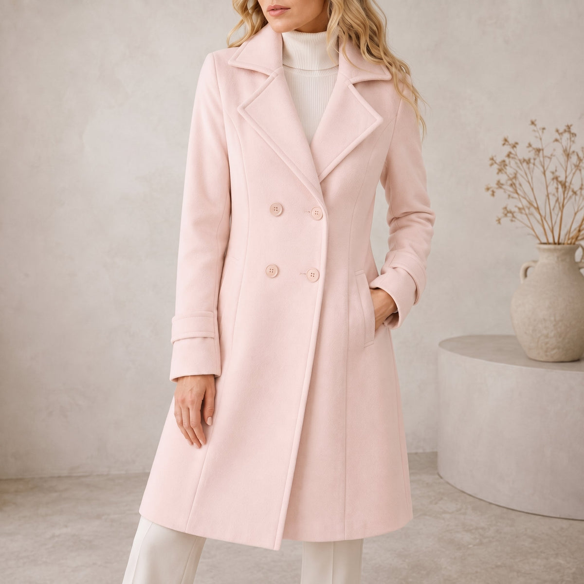 Klara - Women's Double-Breasted Tailored Midi Coat - Overcoats - Light Pink - Parker&Brooks