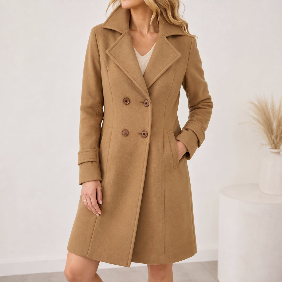 Klara - Women's Double-Breasted Tailored Midi Coat - Overcoats - Brown - Parker&Brooks
