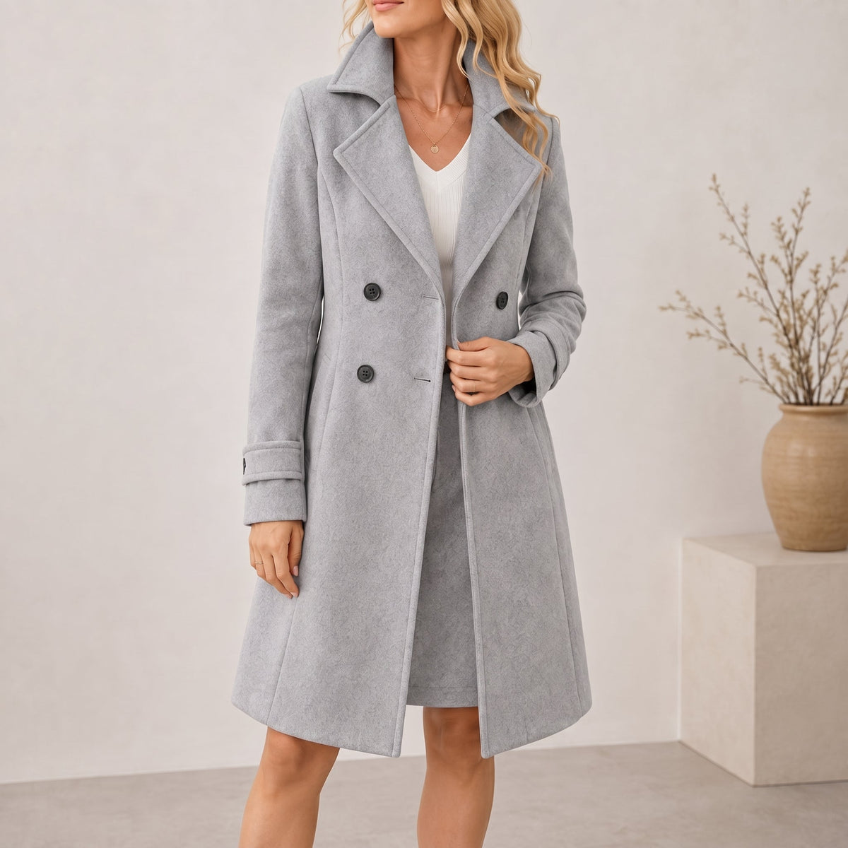 Klara - Women's Double-Breasted Tailored Midi Coat - Overcoats - Gray - Parker&Brooks