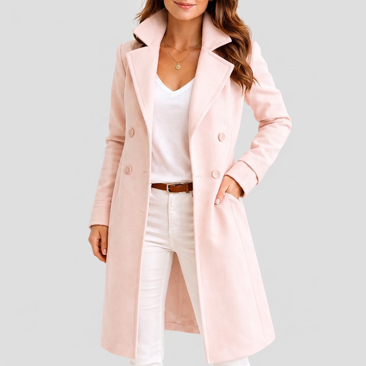 Klara - Women's Double-Breasted Tailored Midi Overcoat with Notch Lapel - Overcoats - Light Pink - Parker&Brooks