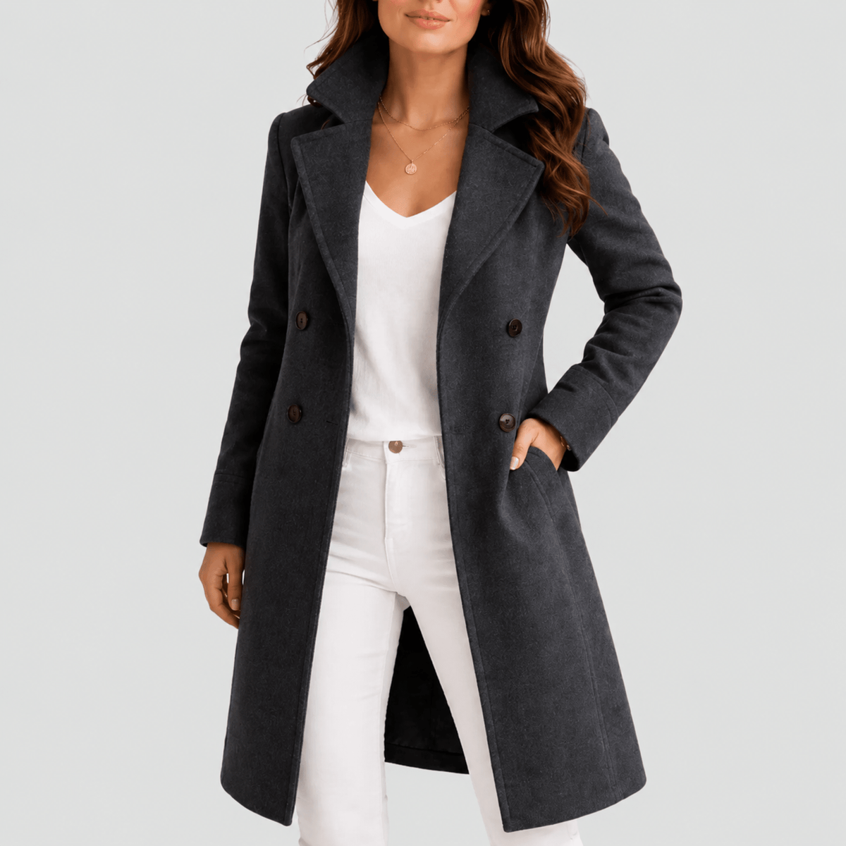 Klara - Women's Double-Breasted Tailored Midi Overcoat with Notch Lapel - Overcoats - Dark Gray - Parker&Brooks