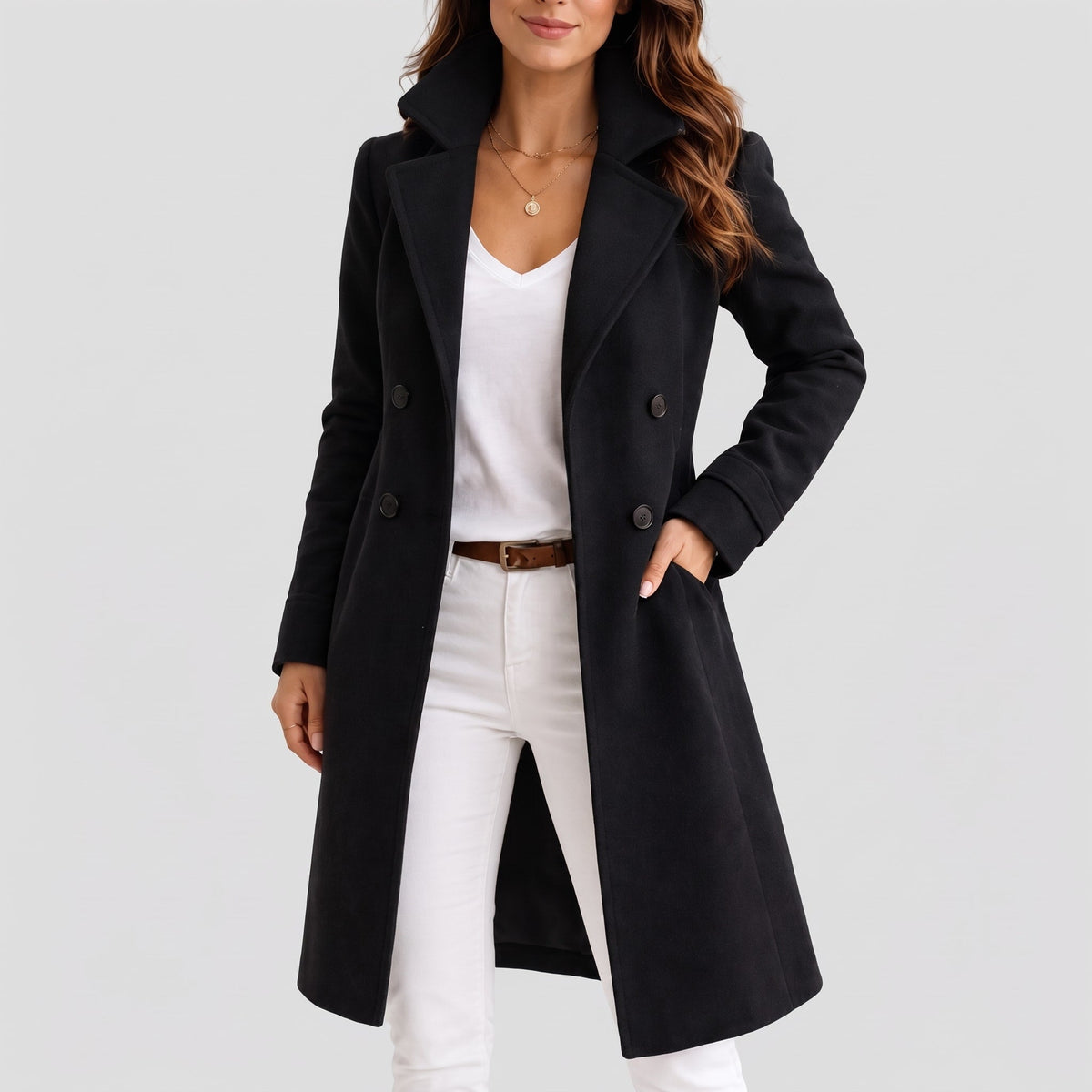 Klara - Women's Double-Breasted Tailored Midi Overcoat with Notch Lapel - Overcoats - Black - Parker&Brooks