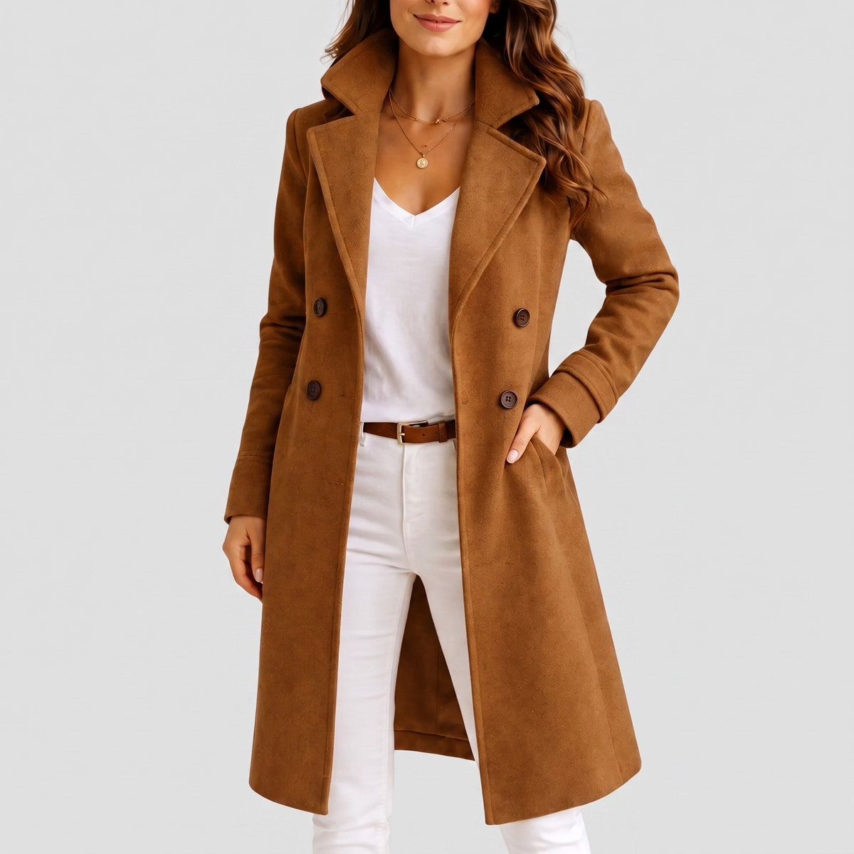 Klara - Women's Double-Breasted Tailored Midi Overcoat with Notch Lapel - Overcoats - Brown - Parker&Brooks