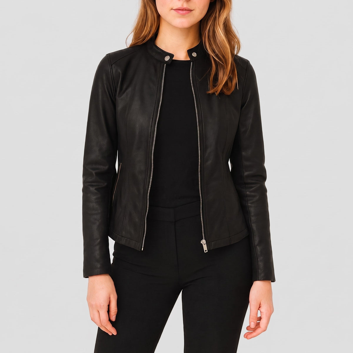 Klara - Women's Fitted Zip-Up Moto Jacket with Snap Collar - Motorcycle Outerwear - Black - Parker&Brooks