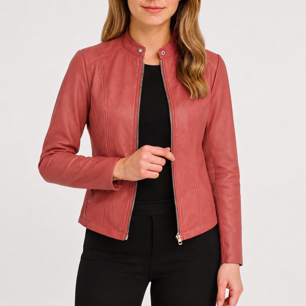 Klara - Women's Fitted Zip-Up Moto Jacket with Snap Collar - Motorcycle Outerwear - Light Pink - Parker&Brooks
