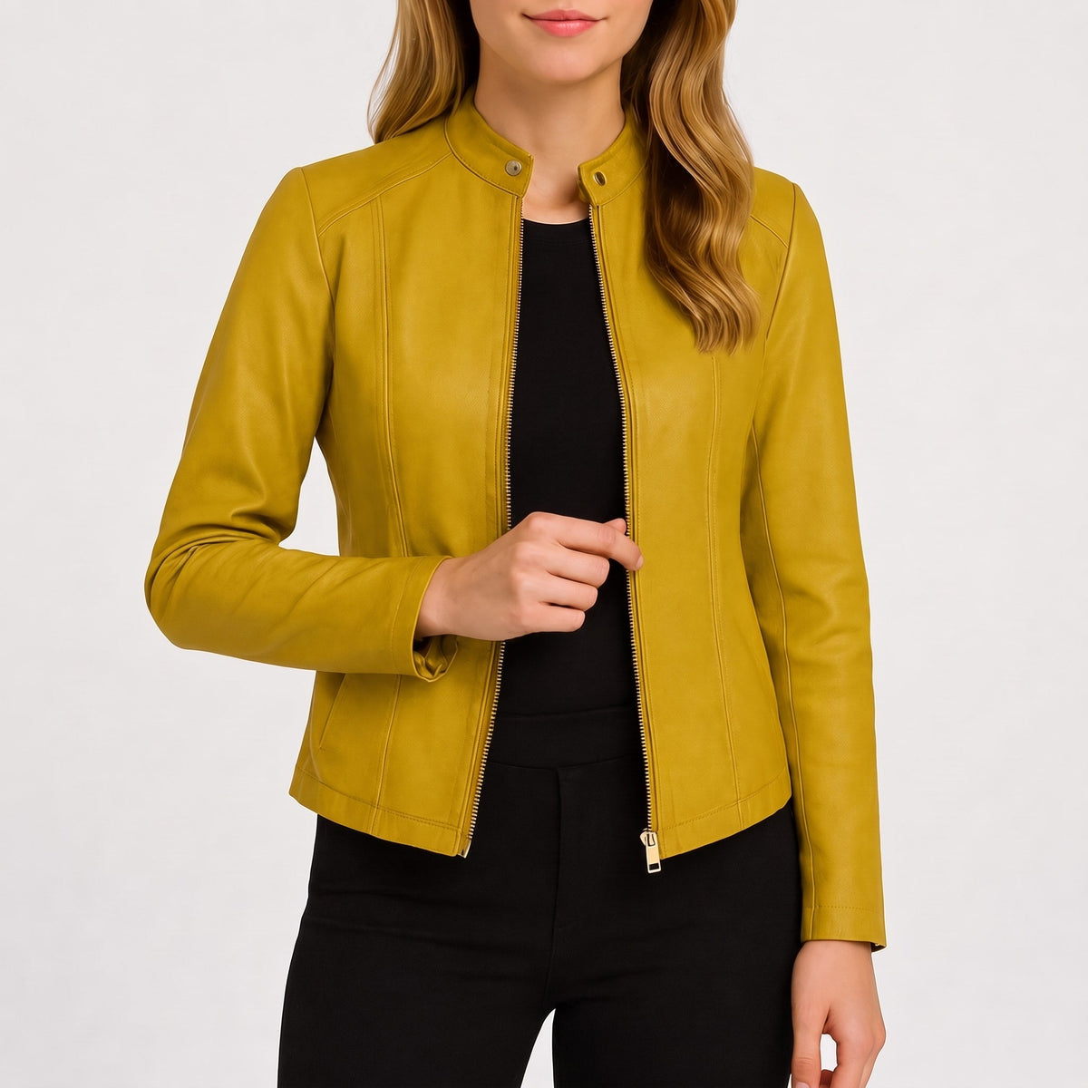 Klara - Women's Fitted Zip-Up Moto Jacket with Snap Collar - Motorcycle Outerwear - Yellow - Parker&Brooks