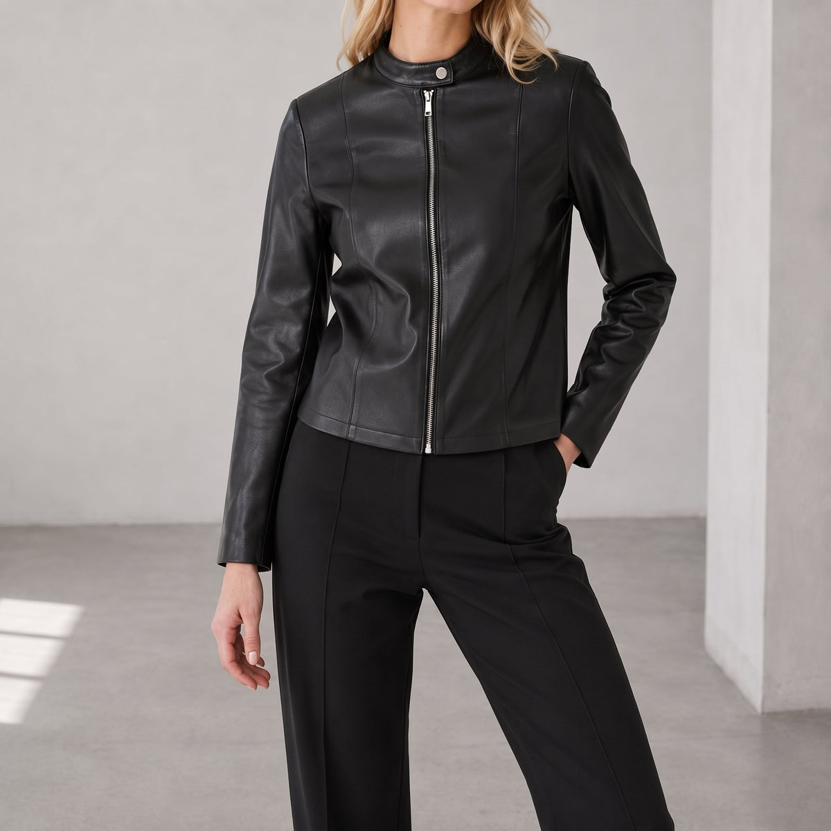 Klara - Women's Fitted Zip-Up Outer Jacket with Stand Collar - Jackets - Black - Parker&Brooks