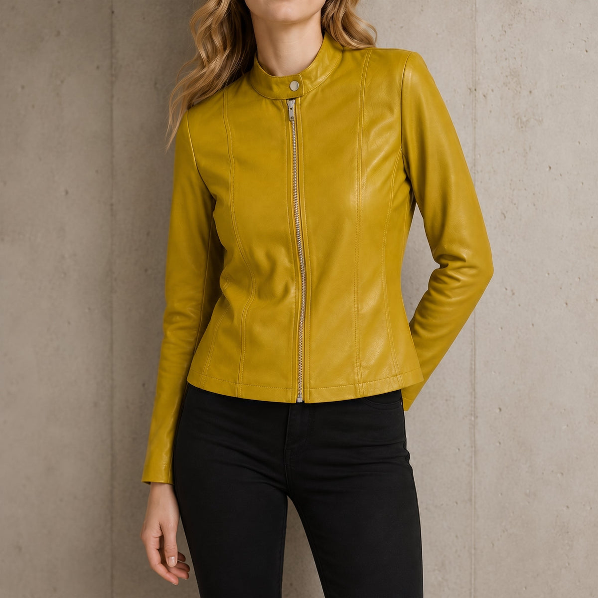 Klara - Women's Fitted Zip-Up Outer Jacket with Stand Collar - Jackets - Yellow - Parker&Brooks
