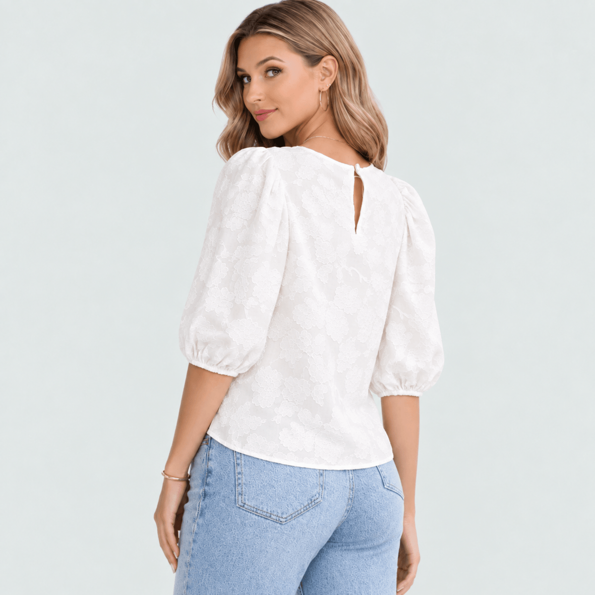 Klara - Women's Floral Puff Sleeve Blouse with Round Neck - White - Parker&Brooks