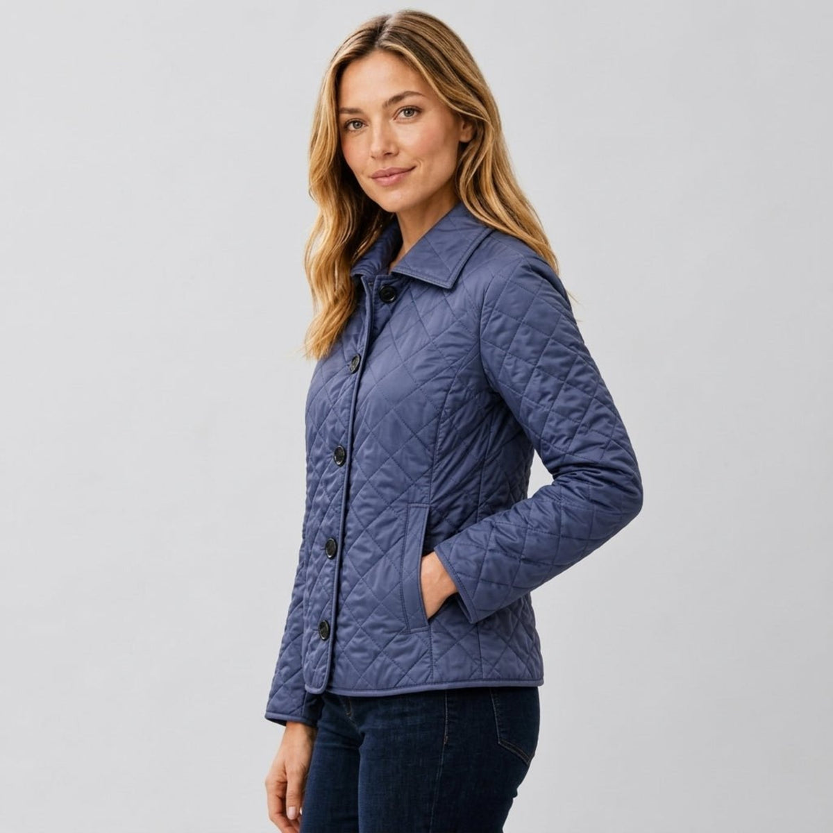 Klara - Women's Quilted Collared Transitional Jacket - Coats & Jackets - Blue - Parker&Brooks