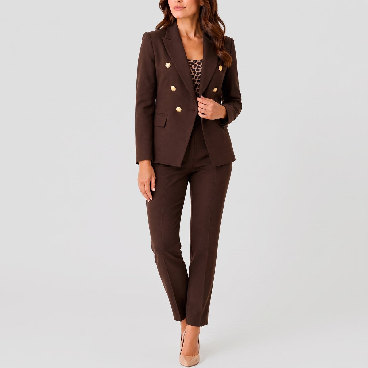 Klara - Women's Tailored Double-Breasted Blazer Trouser Set - Outfit Sets - Brown - Parker&Brooks