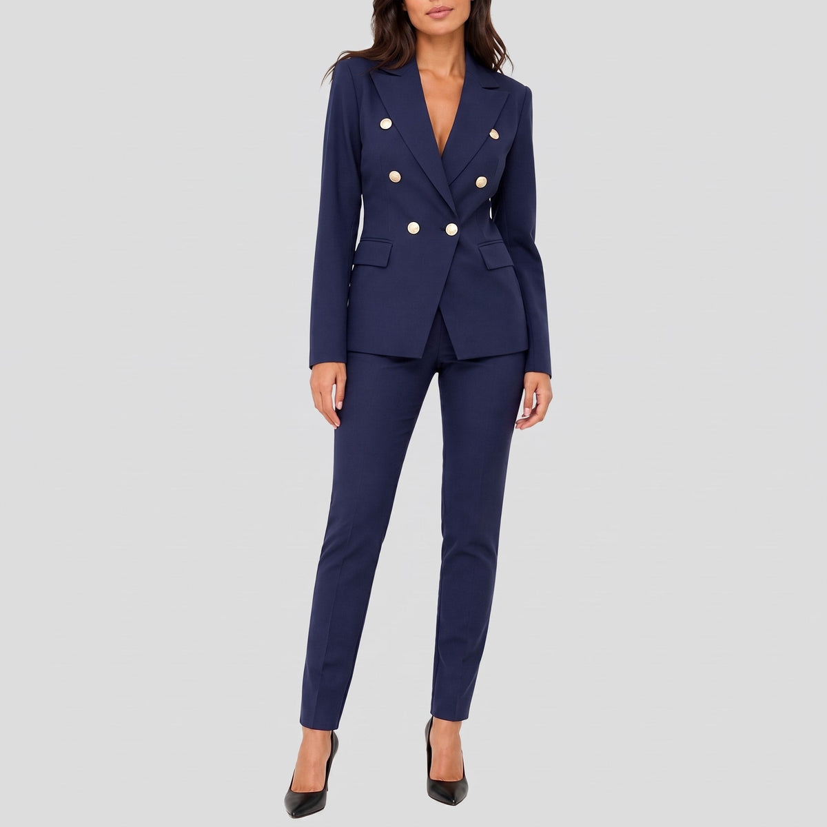 Klara - Women's Tailored Double-Breasted Blazer Trouser Set - Outfit Sets - Navy Blue - Parker&Brooks