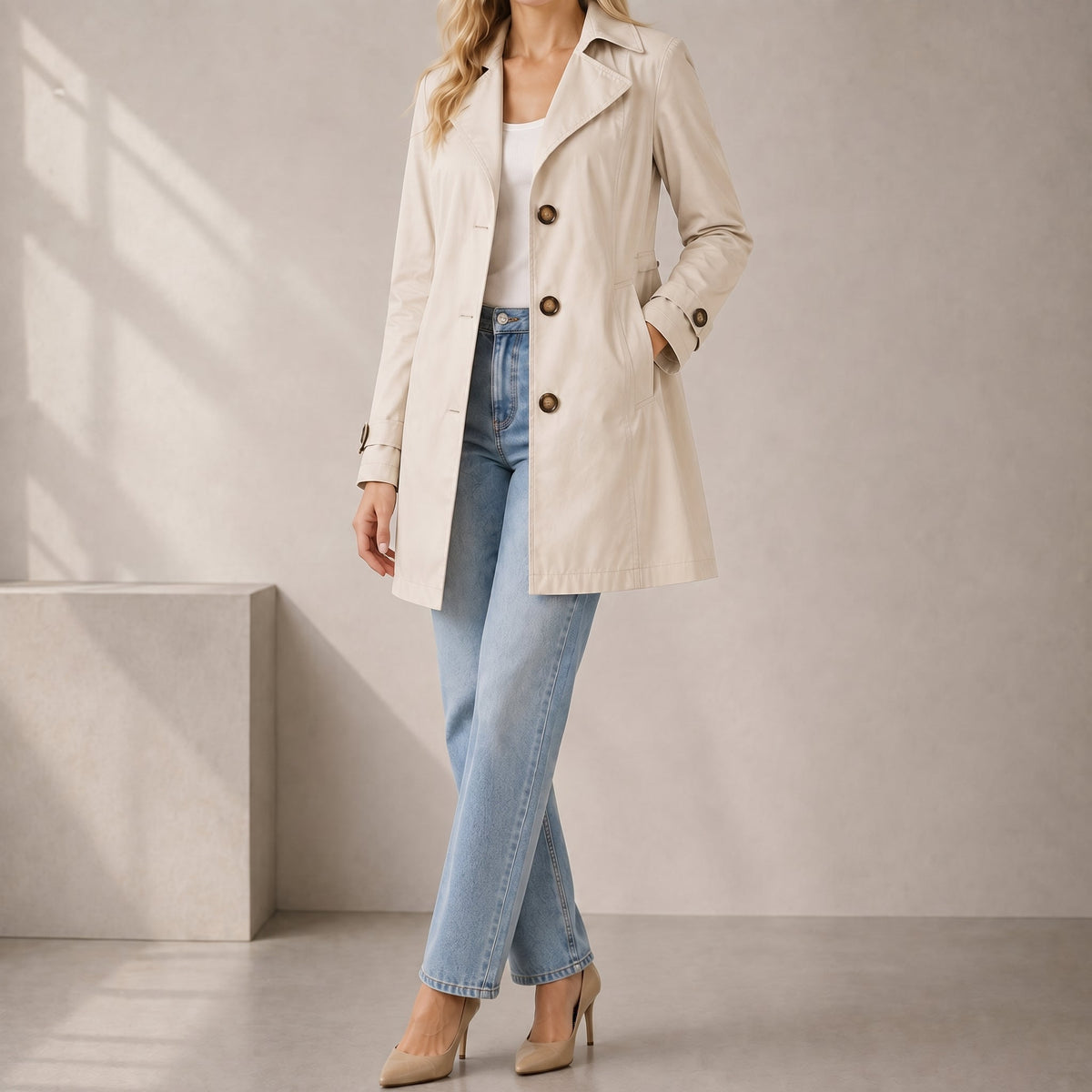 Klara - Women's Tailored Short Trench Coat with Belted Cuffs - Trench Coats - Beige - Parker&Brooks