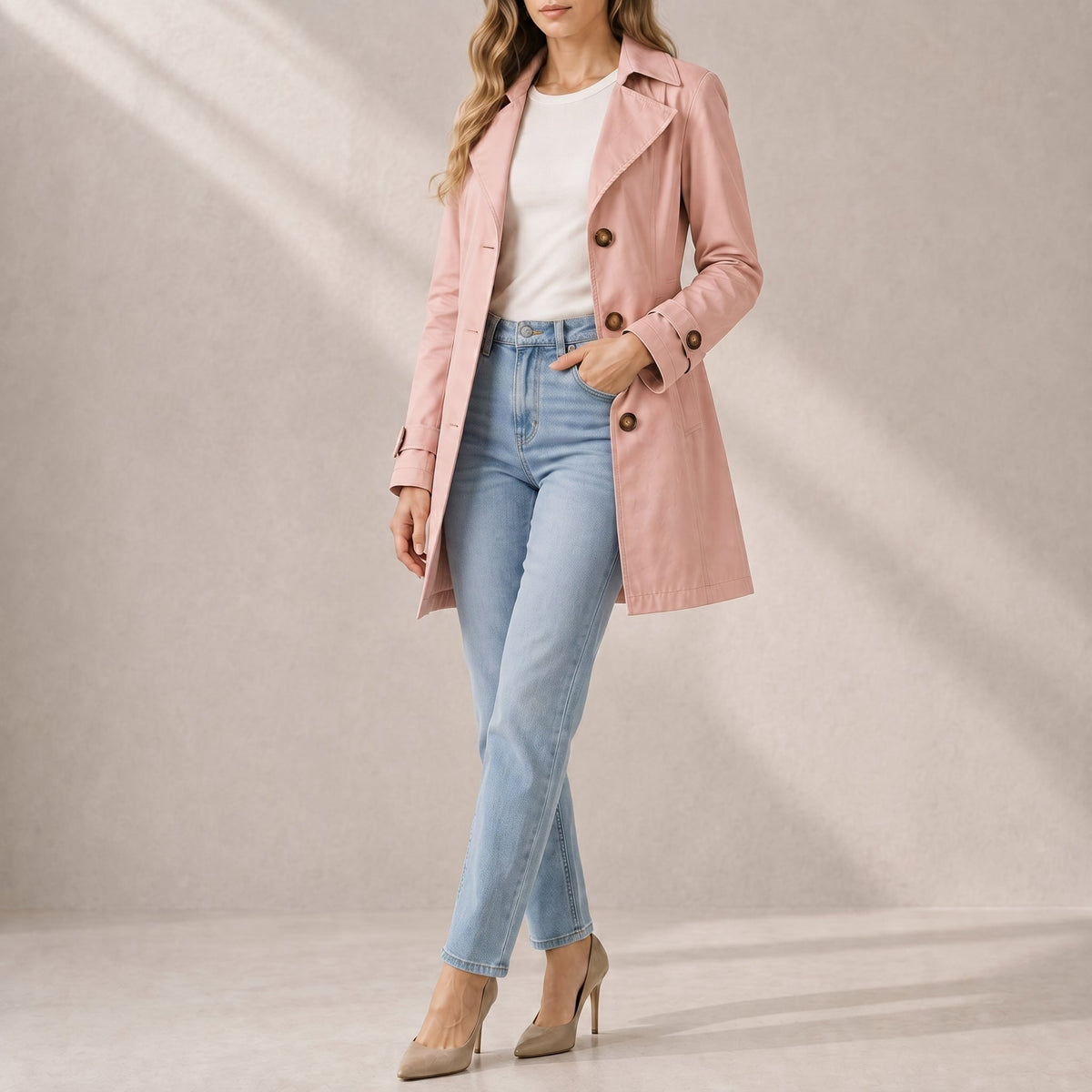 Klara - Women's Tailored Short Trench Coat with Belted Cuffs - Trench Coats - Pink - Parker&Brooks