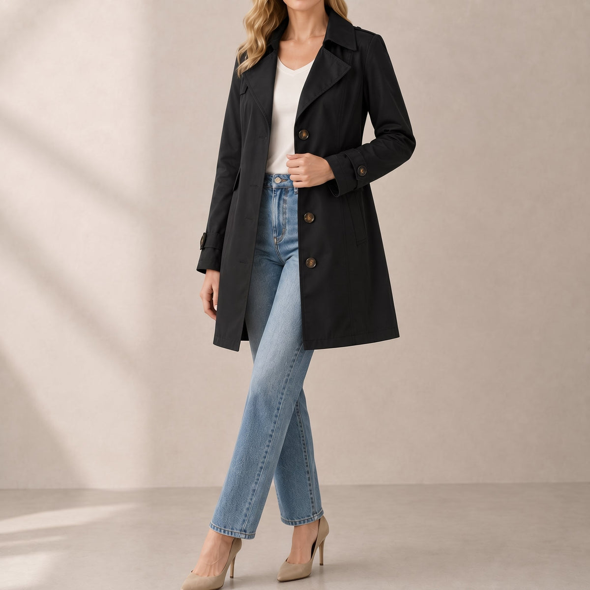 Klara - Women's Tailored Short Trench Coat with Belted Cuffs - Trench Coats - Black - Parker&Brooks
