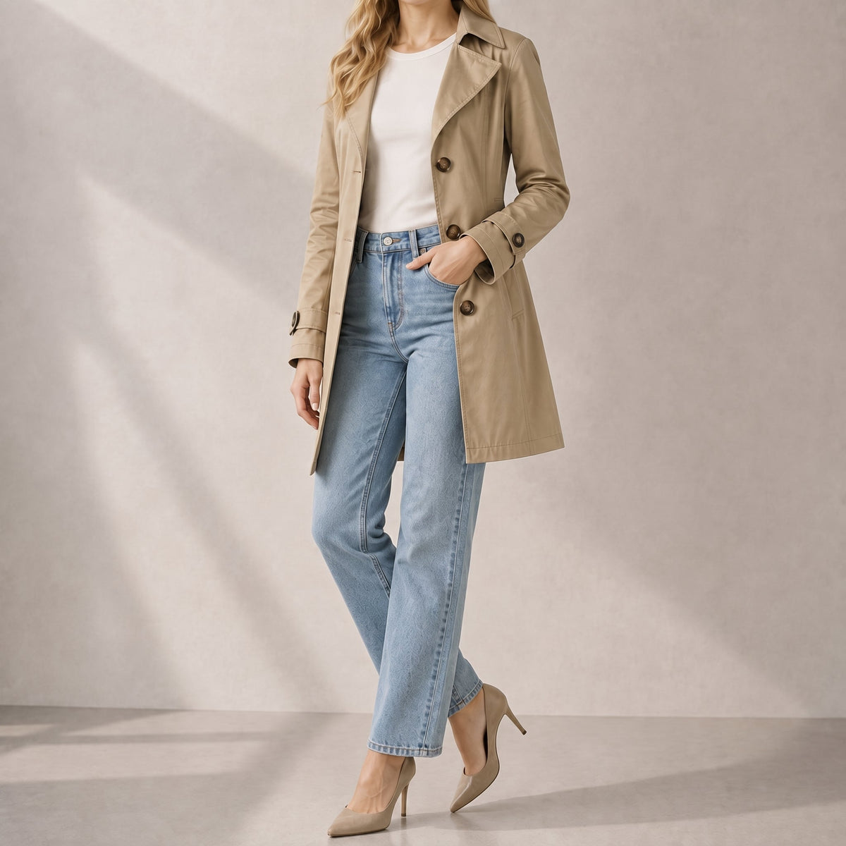 Klara - Women's Tailored Short Trench Coat with Belted Cuffs - Trench Coats - Khaki - Parker&Brooks