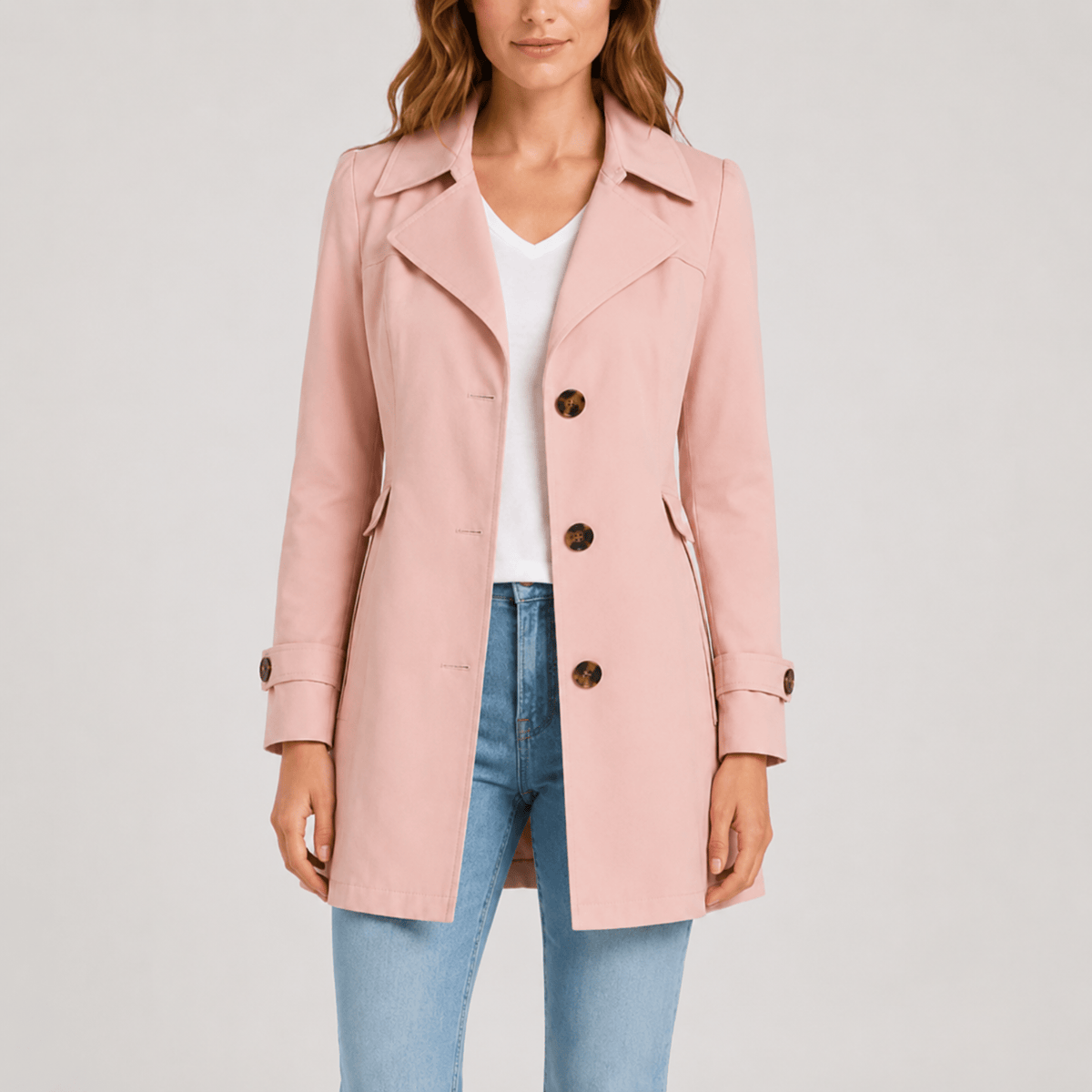 Klara - Women's Tailored Short Trench Coat with Button Cuffs - Trench Coats - Pink - Parker&Brooks
