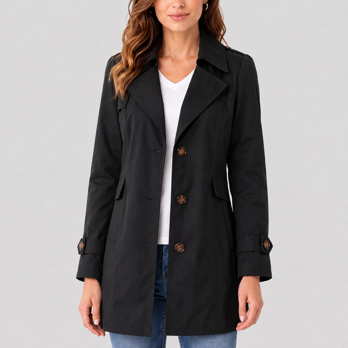 Klara - Women's Tailored Short Trench Coat with Button Cuffs - Trench Coats - Black - Parker&Brooks