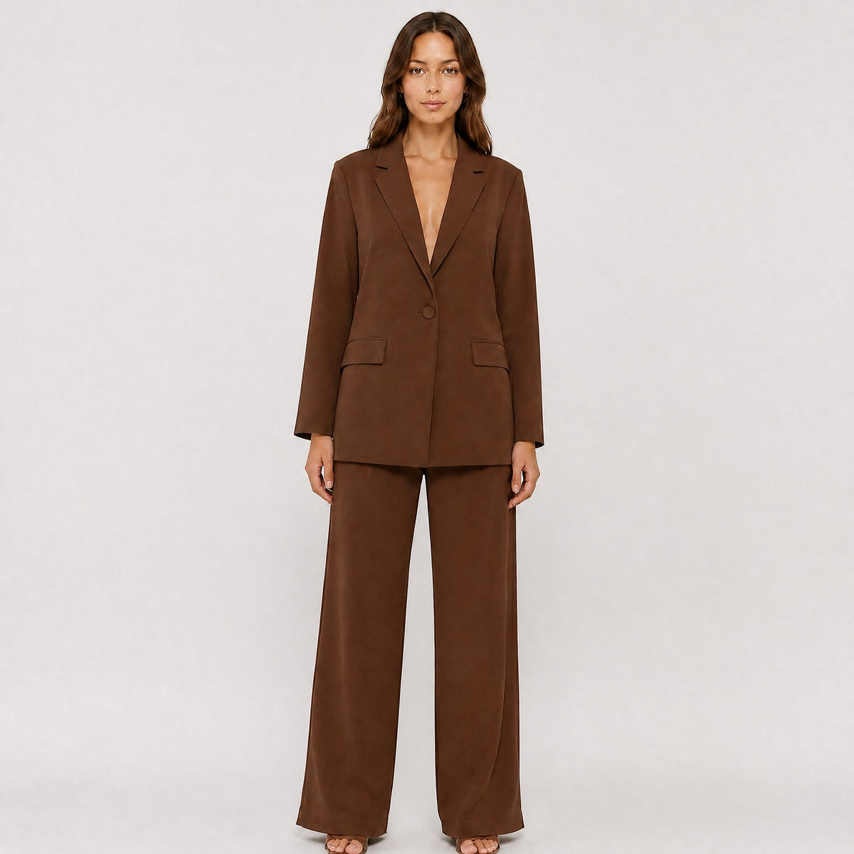 Klara - Women's Tailored Wide-Leg Trouser Blazer Set - Outfit Sets - Brown - Parker&Brooks