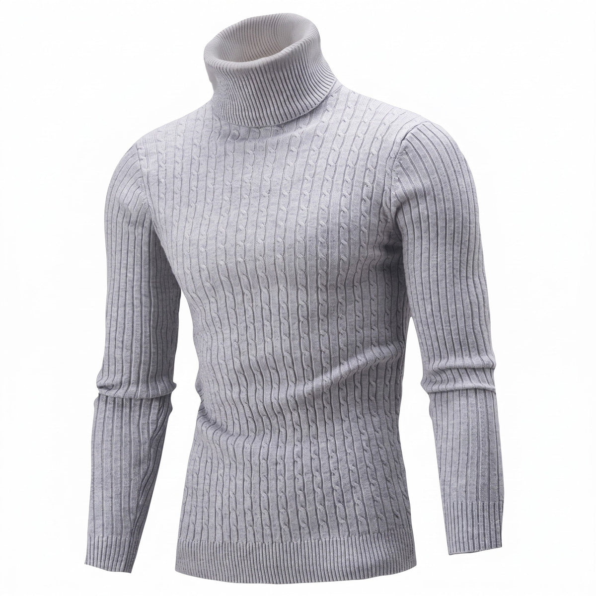 Klaus - Men's Cable Turtleneck Sweater with Ribbed Cuffs - Sweaters - Light Gray - Parker&Brooks