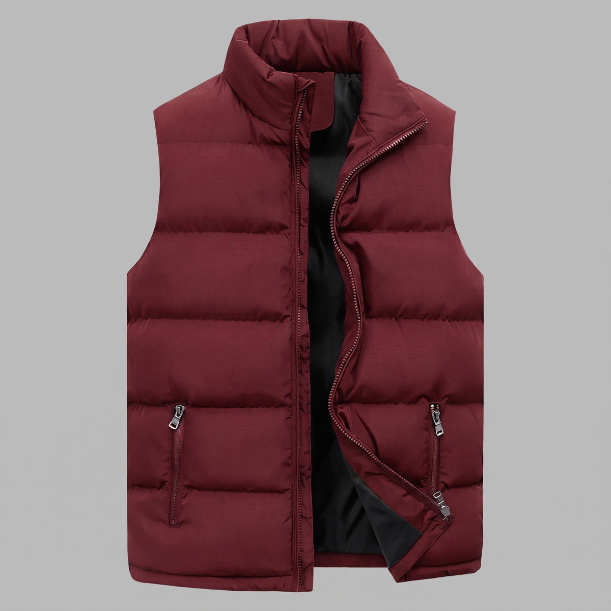 Lars - Men's Quilted Puffer Gilet with Zip Pockets and Stand Collar - Vests - Dark Red - Parker&Brooks