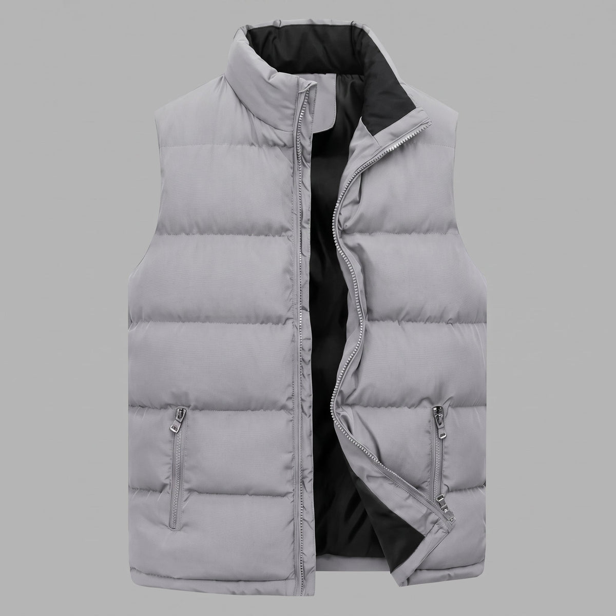 Lars - Men's Quilted Puffer Gilet with Zip Pockets and Stand Collar - Vests - Light Gray - Parker&Brooks