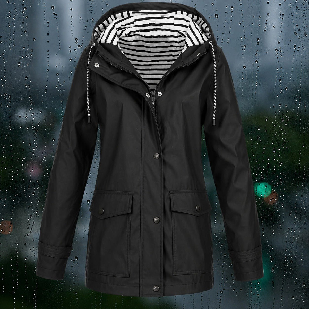Lea - Women's Hooded Zip-Front Jacket with Drawstring Hood and Flap Pockets - Rain Coat - Black - Parker&Brooks