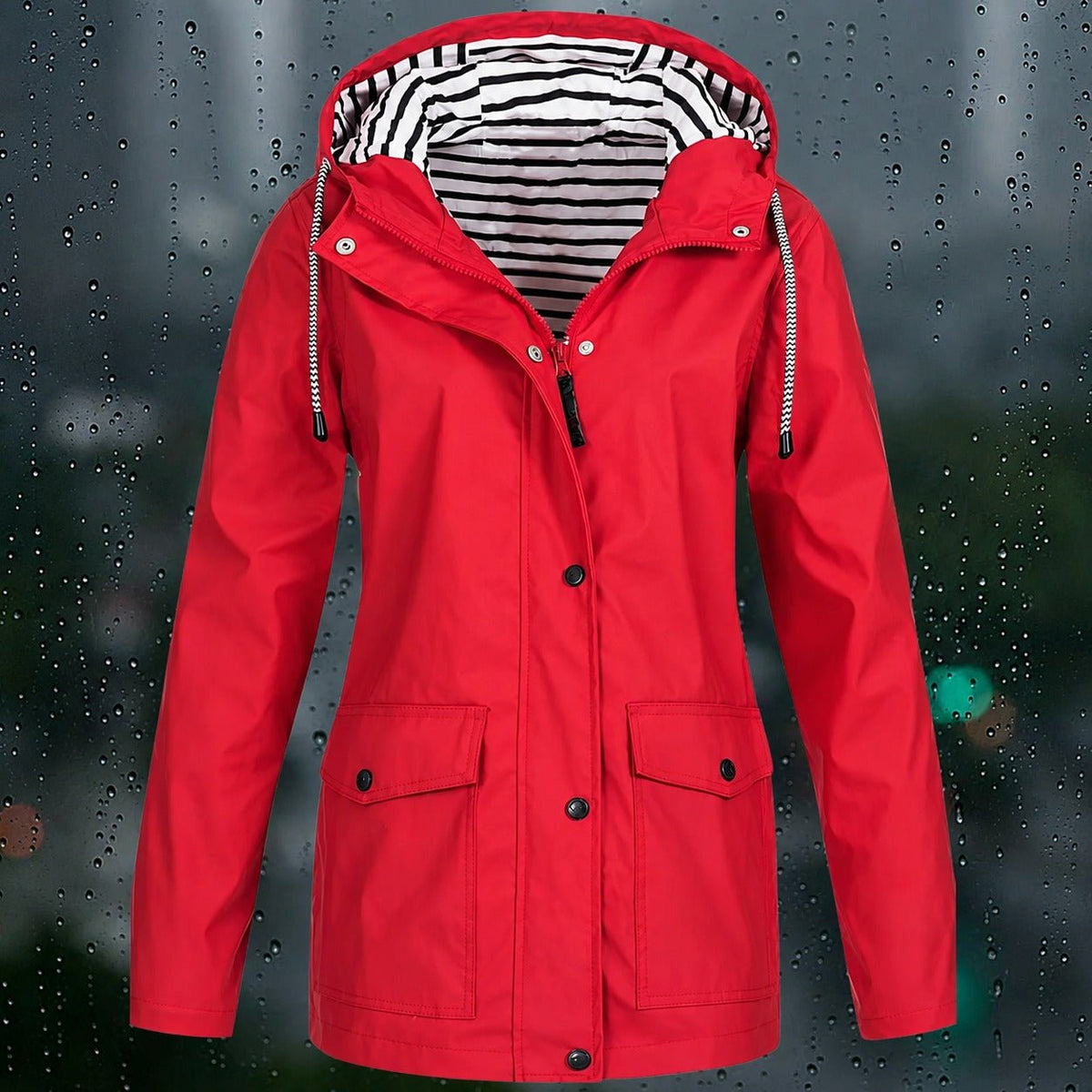 Lea - Women's Hooded Zip-Front Jacket with Drawstring Hood and Flap Pockets - Rain Coat - Red - Parker&Brooks