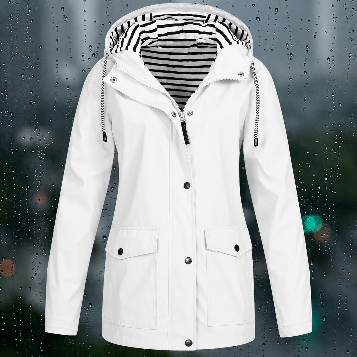 Lea - Women's Hooded Zip-Front Jacket with Drawstring Hood and Flap Pockets - Rain Coat - White - Parker&Brooks
