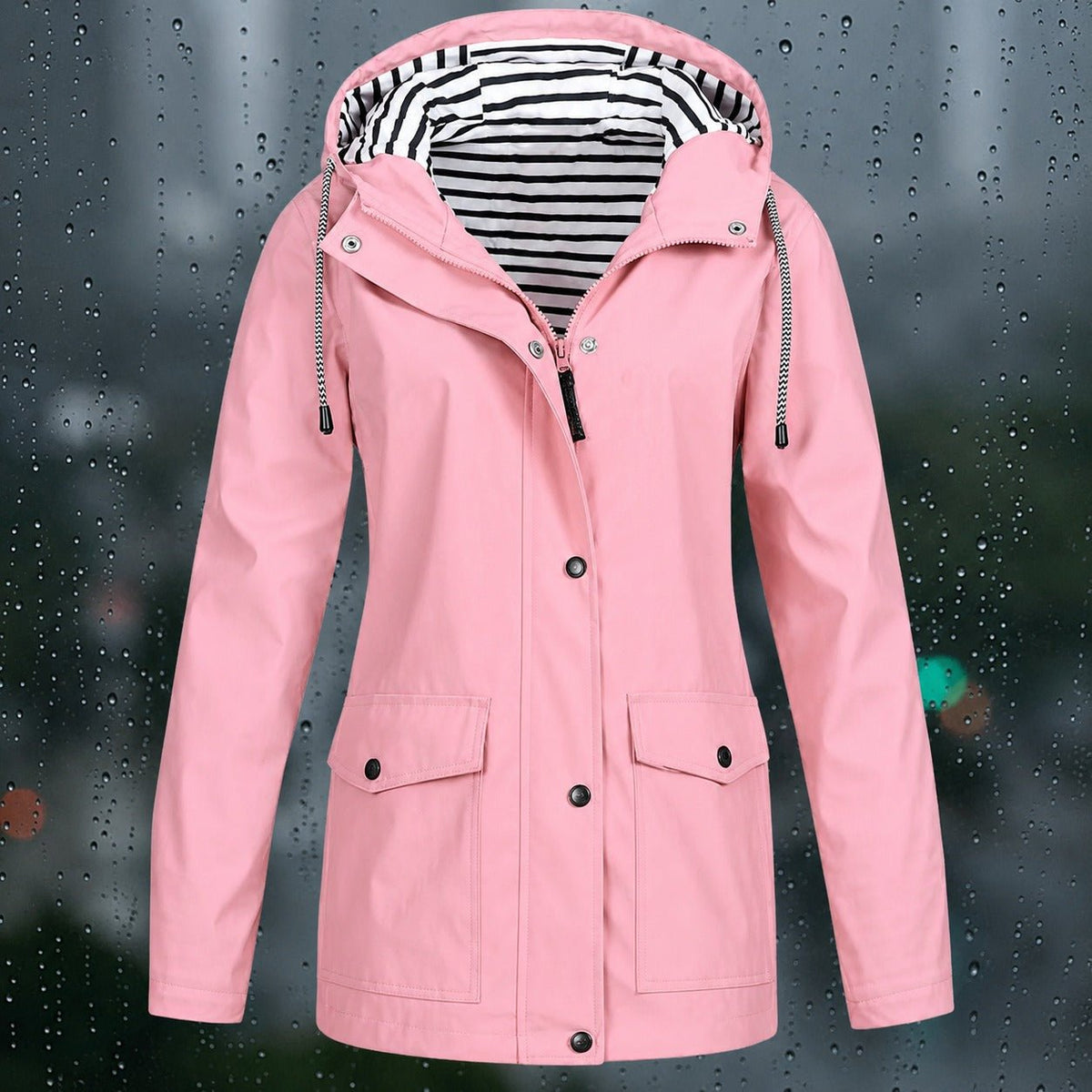 Lea - Women's Hooded Zip-Front Jacket with Drawstring Hood and Flap Pockets - Rain Coat - Pink - Parker&Brooks