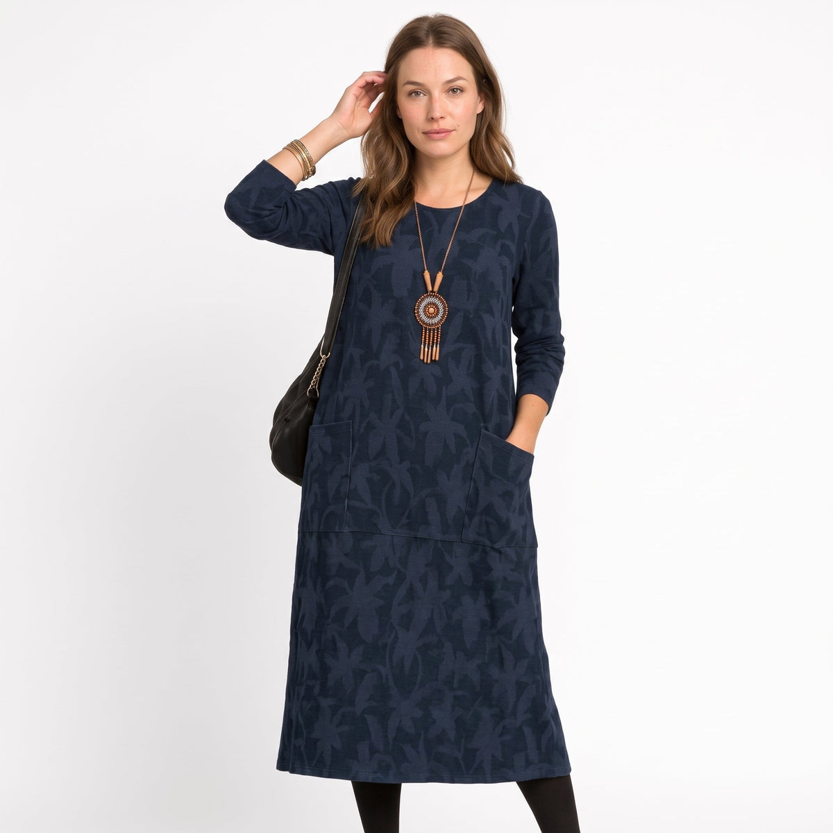 Leah - Women's Long Sleeve Pocket Midi Dress with Leaf Print - Dresses - Blue - Sarvento