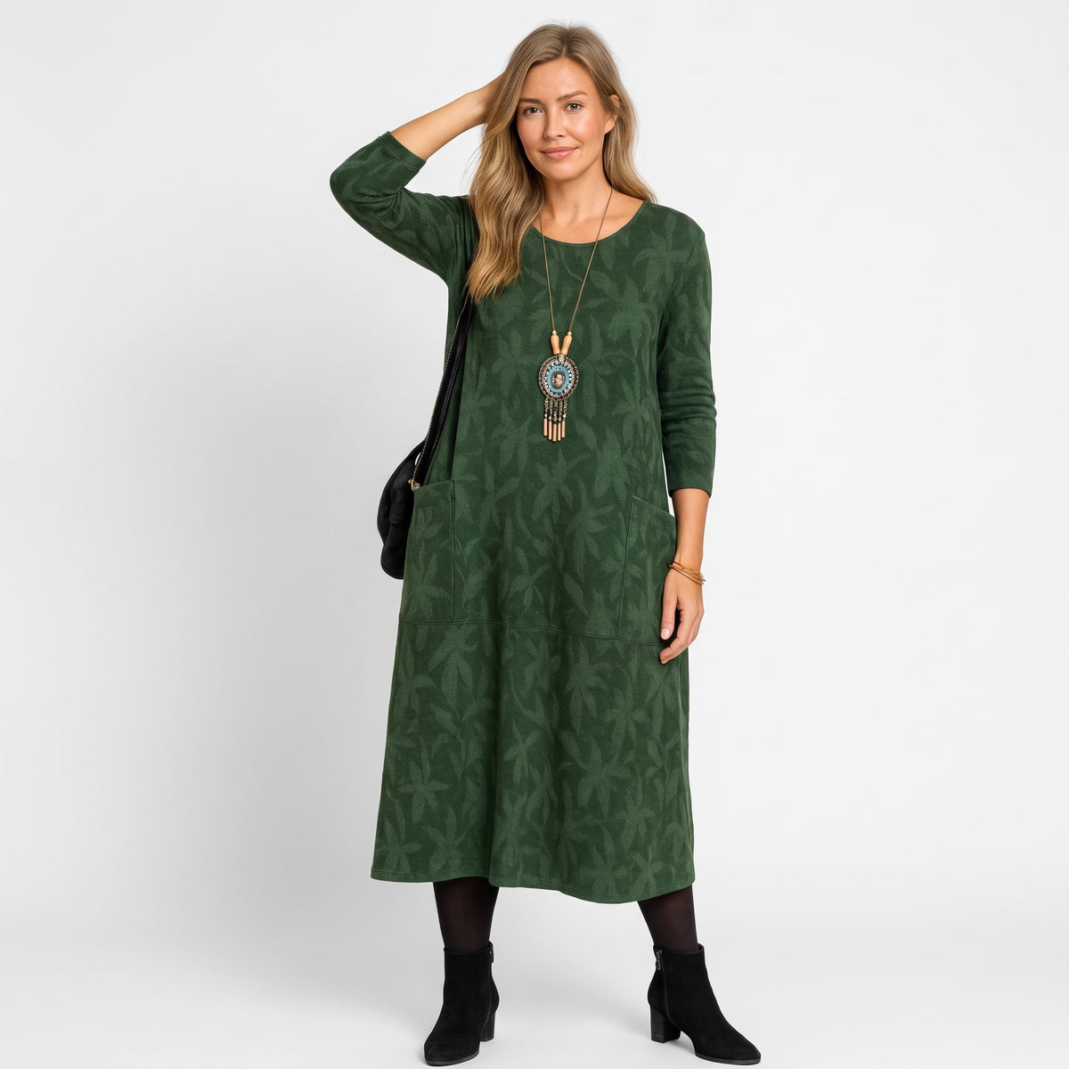 Leah - Women's Long Sleeve Pocket Midi Dress with Leaf Print - Dresses - Green - Sarvento