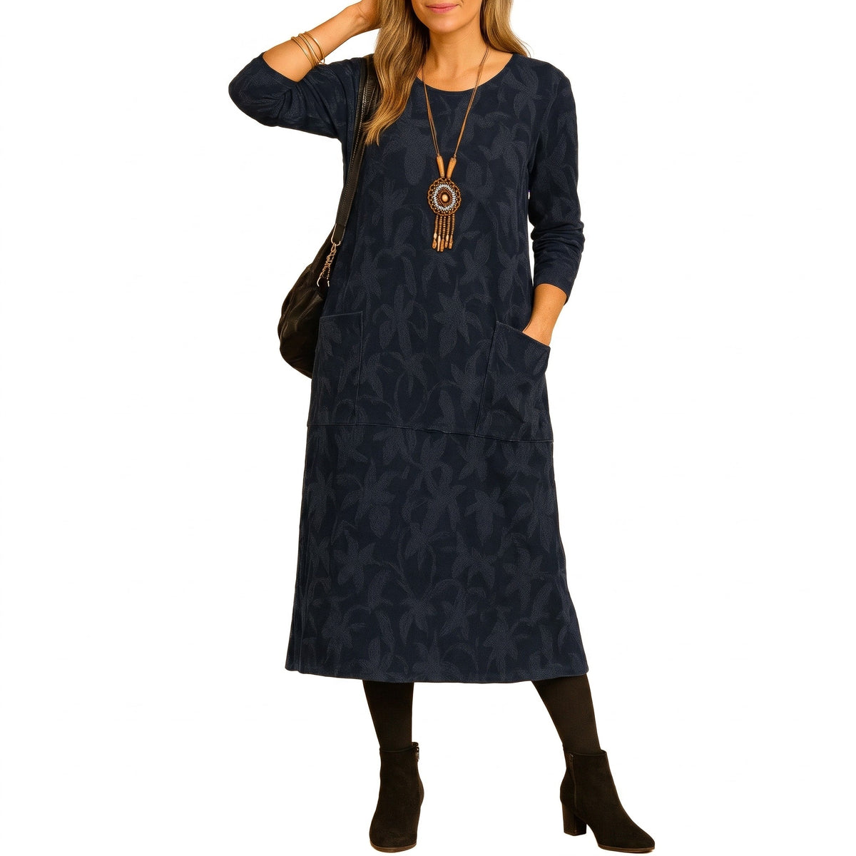 Leah - Women's Long Sleeve Pocket Midi Dress with Leaf Print - Dresses - Blue - Sarvento