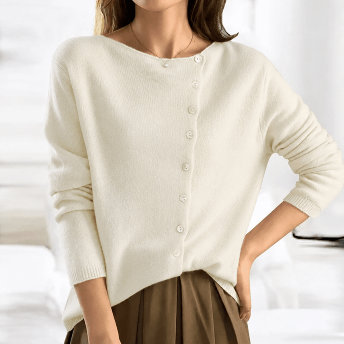 Lia - Women's Asymmetric Button-Front Cardigan Sweater - Cardigans - Beige - Parker&Brooks