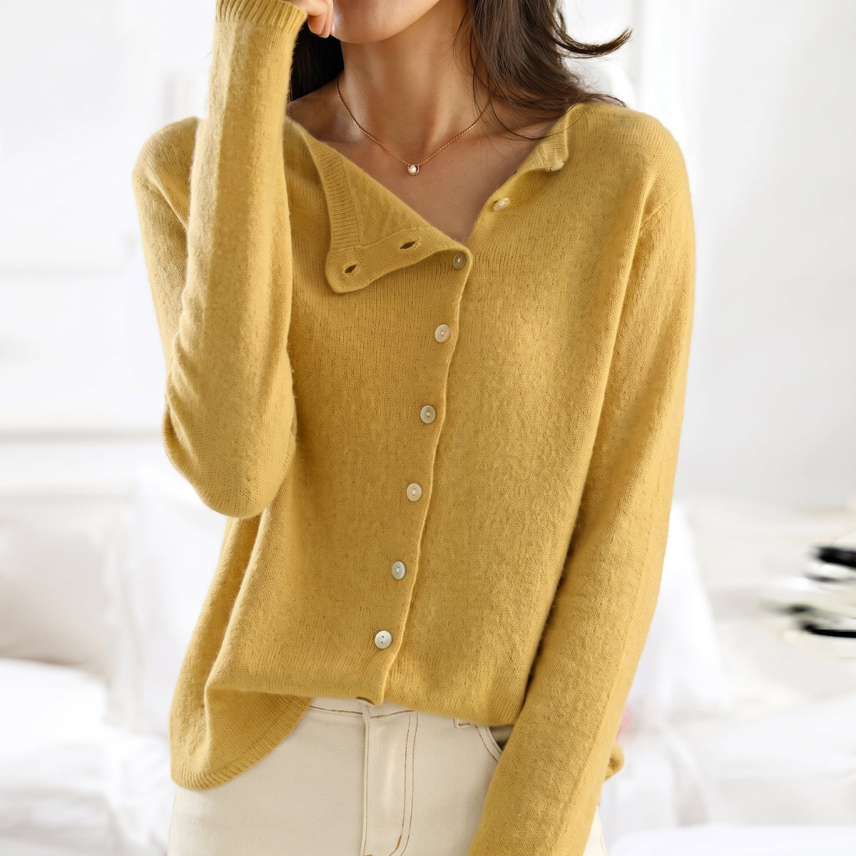 Lia - Women's Asymmetric Button-Front Cardigan Sweater - Cardigans - Yellow - Parker&Brooks