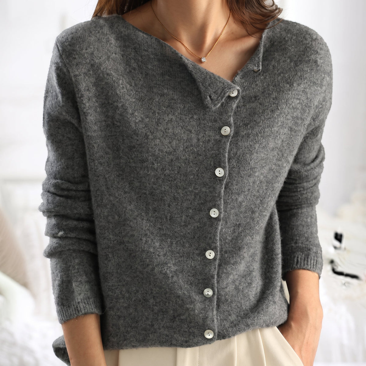 Lia - Women's Asymmetric Button-Front Cardigan Sweater - Cardigans - Gray - Parker&Brooks