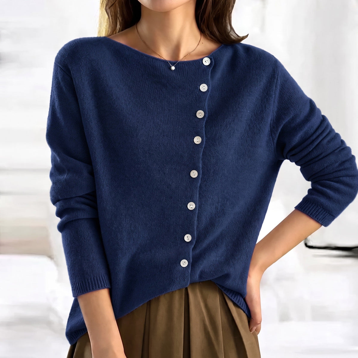 Lia - Women's Relaxed Asymmetric Button-Front Cardigan - Cardigans - Navy Blue - Parker&Brooks
