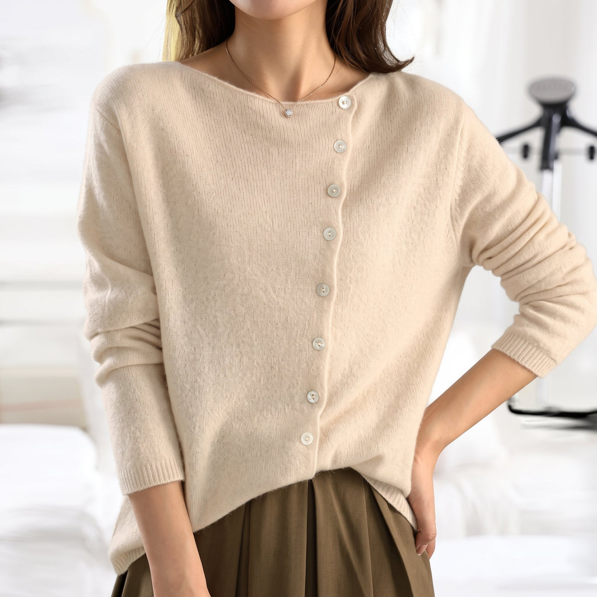 Lia - Women's Relaxed Asymmetric Button-Front Cardigan - Cardigans - Beige - Parker&Brooks