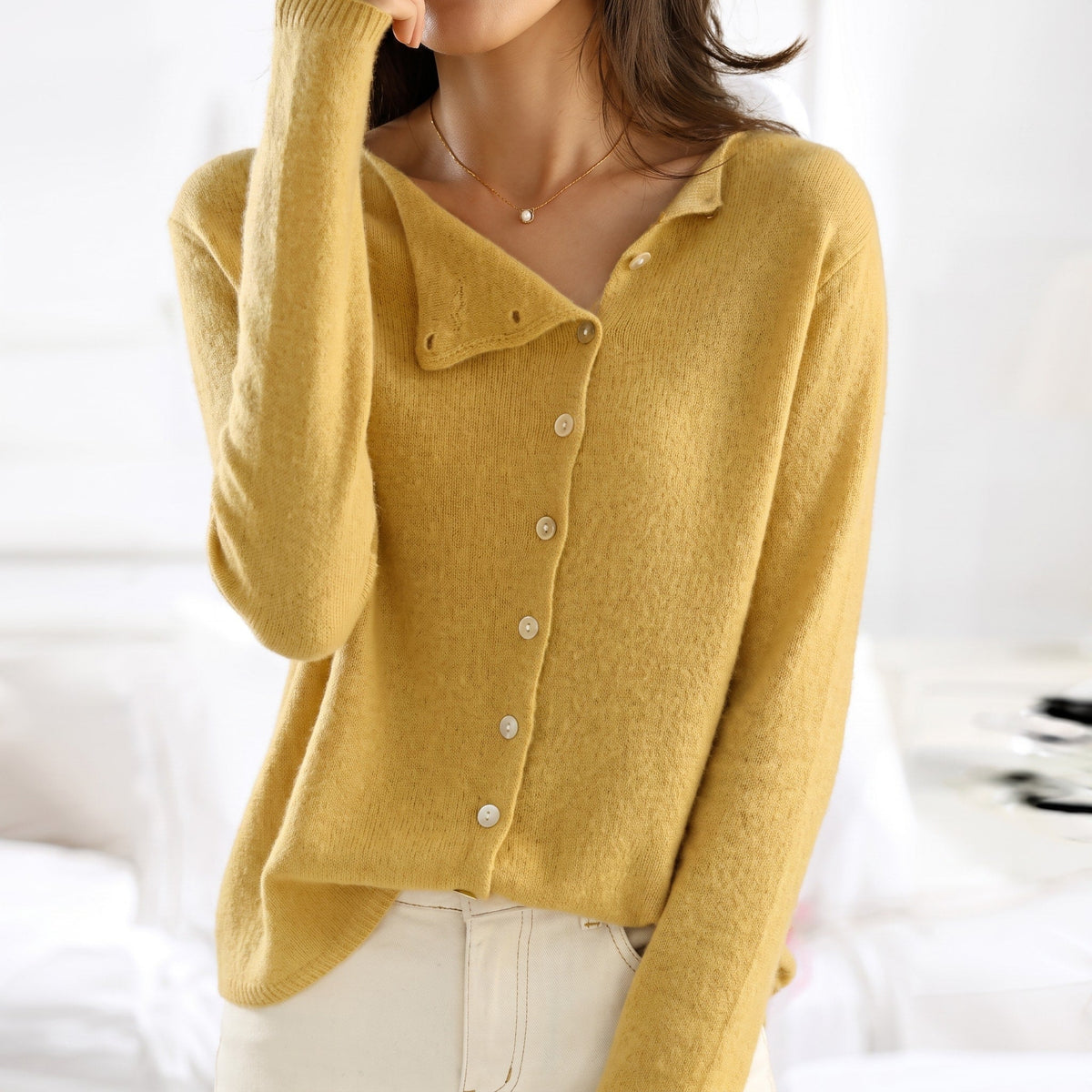 Lia - Women's Relaxed Asymmetric Button-Front Cardigan - Cardigans - Yellow - Parker&Brooks