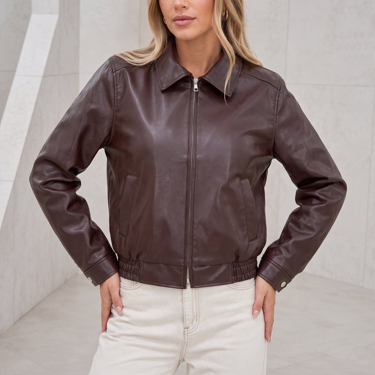 Liesel - Women's Zip-Through Collared Bomber Jacket - Bomber Jackets - Brown - Parker&Brooks