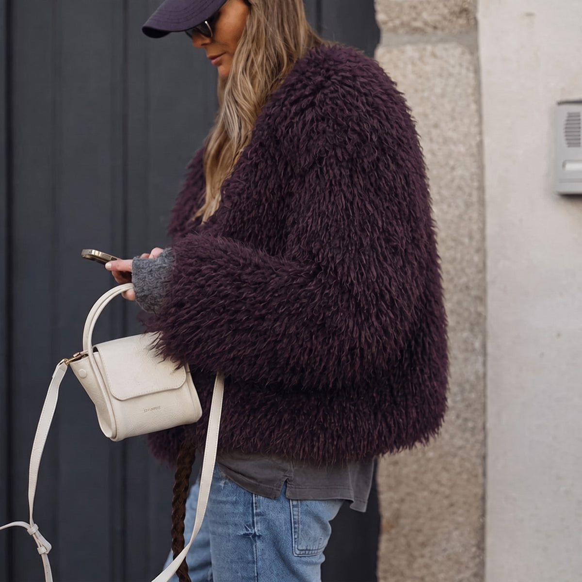 Lillith - Women's Thickened Faux Fur Cropped Jacket - Coats & Jackets - Burgundy - Parker&Brooks