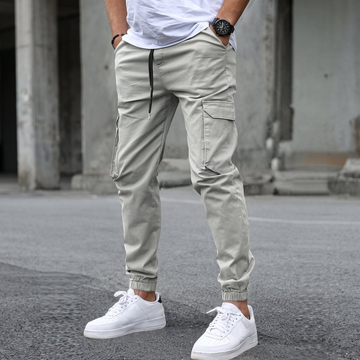 Lionel - Men's Slim Fit Cargo Joggers with Drawstring Waist - Joggers - Light Gray - Parker&Brooks
