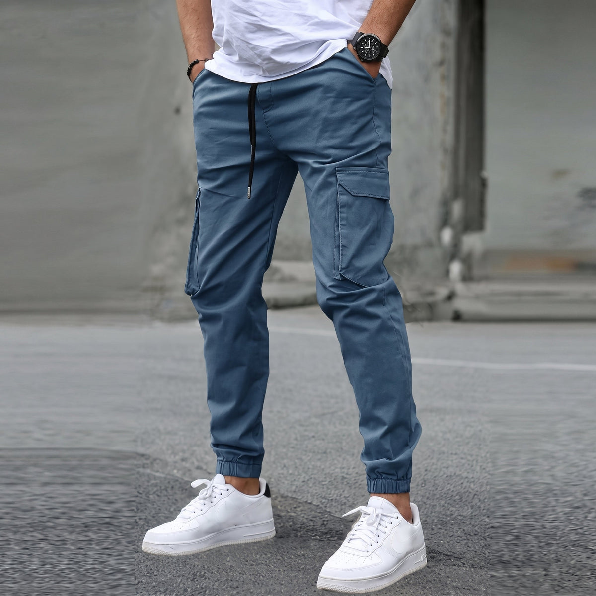 Lionel - Men's Slim Fit Cargo Joggers with Drawstring Waist - Joggers - Blue - Parker&Brooks