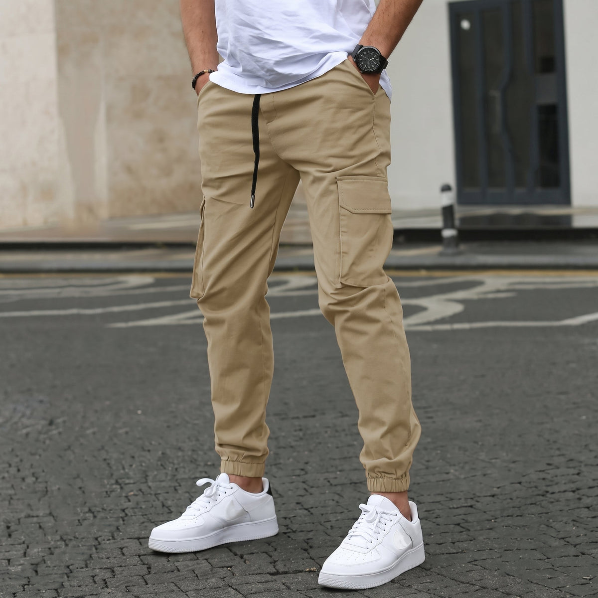 Lionel - Men's Slim Fit Cargo Joggers with Drawstring Waist - Joggers - Beige - Parker&Brooks