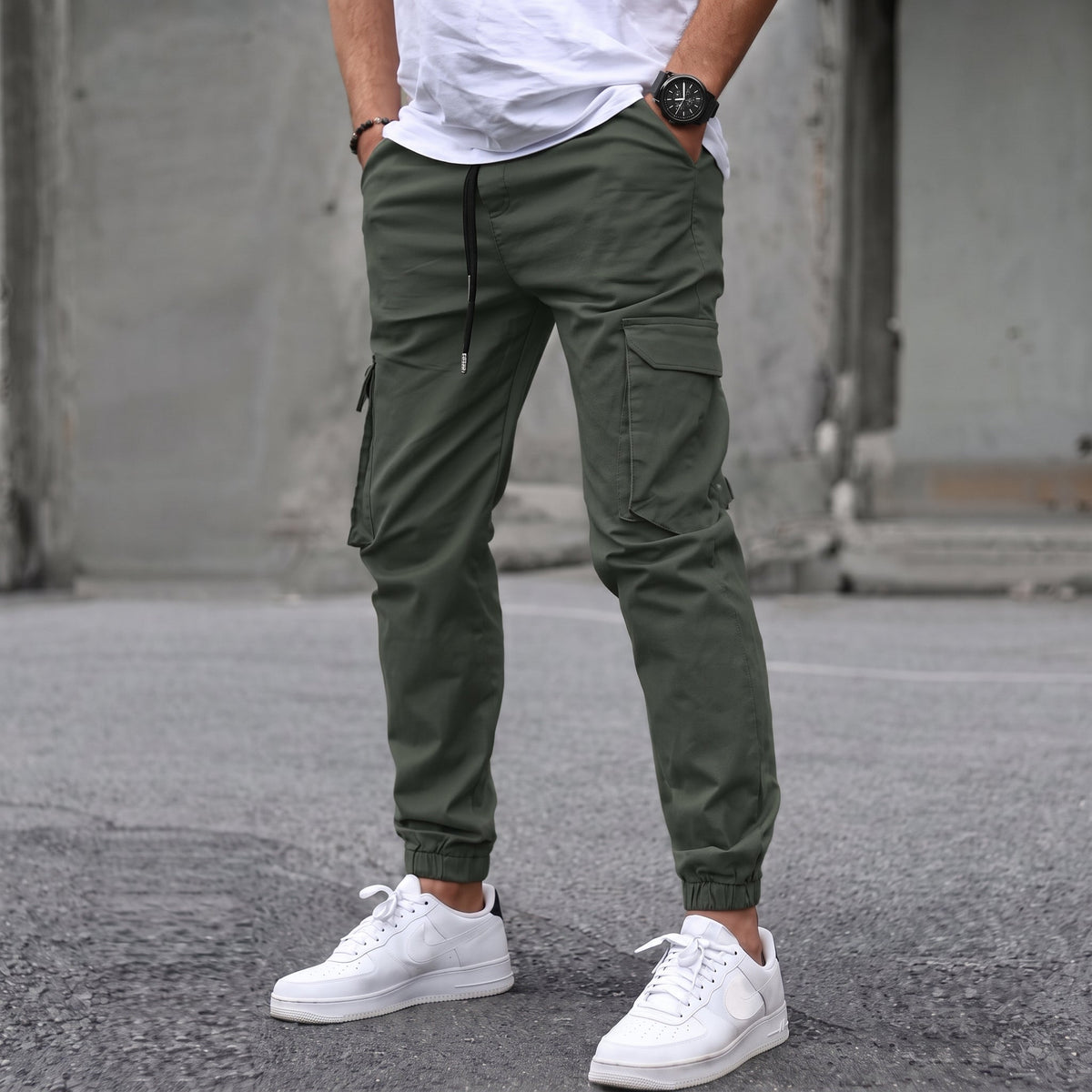 Lionel - Men's Slim Fit Cargo Joggers with Drawstring Waist - Joggers - Green - Parker&Brooks