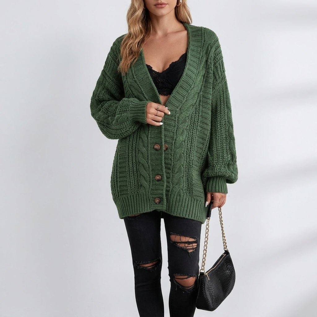 Maggie - Women's Oversized Cable Knit Cardigan with Deep V-Neck - Cardigans - Green - Sarvento
