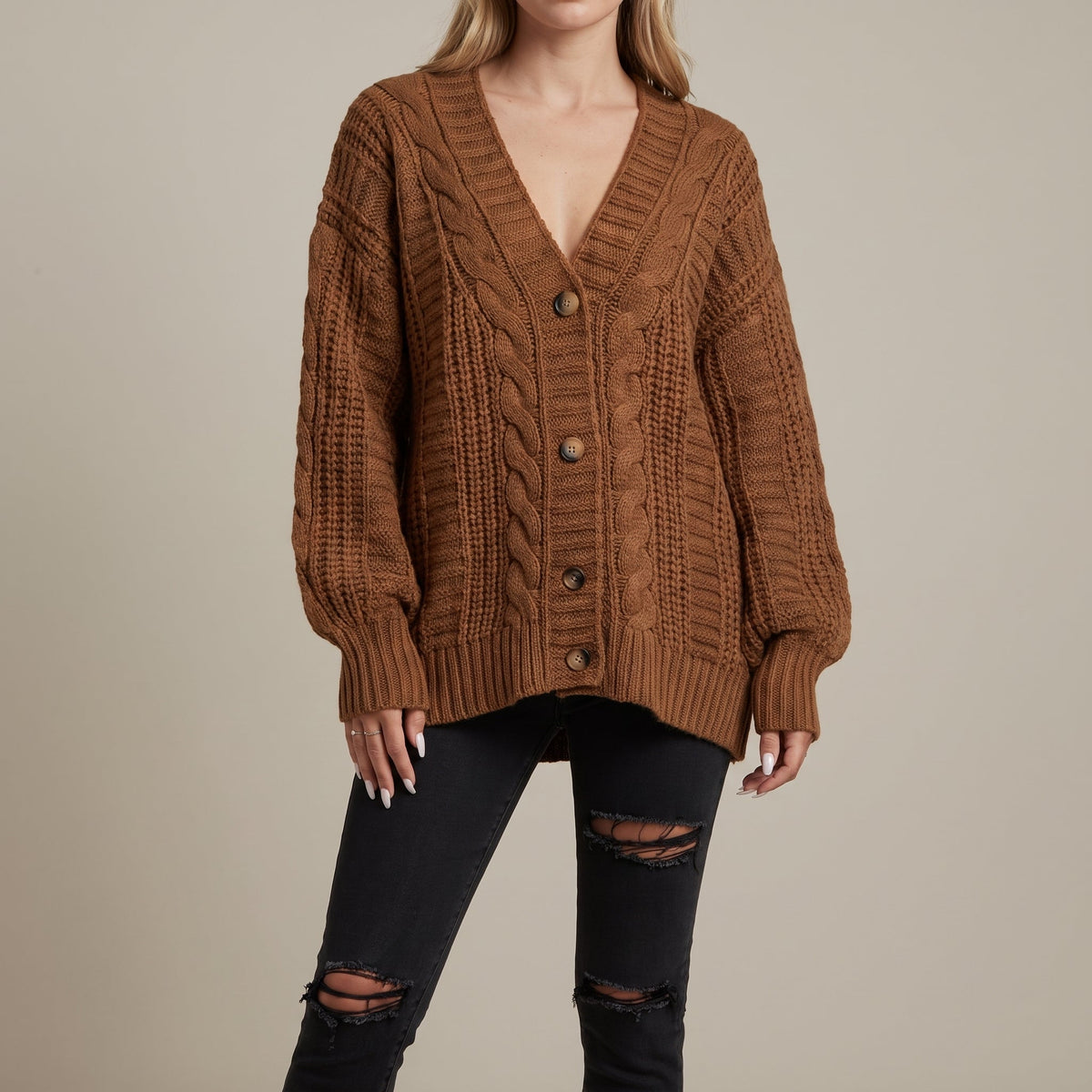 Maggie - Women's Oversized Cable Knit Cardigan with Deep V-Neck - Cardigans - Brown - Sarvento