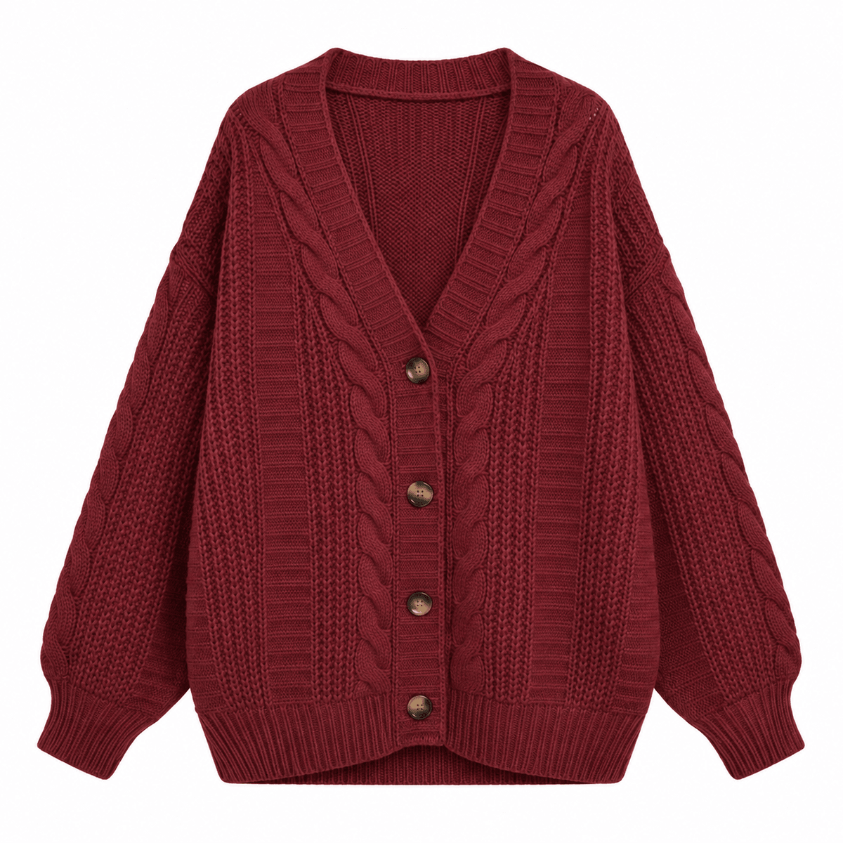 Maggie - Women's Oversized Cable Knit Cardigan with Deep V-Neck - Cardigans - Red - Sarvento